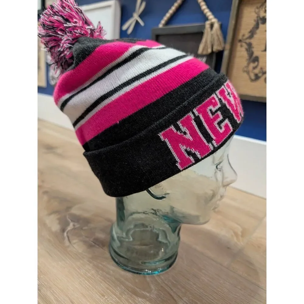 New York Pink Navy Pom Pom Beanie Hat Women’s Winter Knit Cap READ
